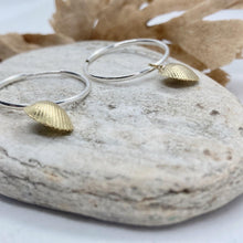 Load image into Gallery viewer, Tiny Gold Cockle Shells on Silver Hoops

