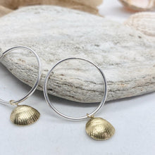 Load image into Gallery viewer, Tiny Gold Cockle Shells on Silver Hoops
