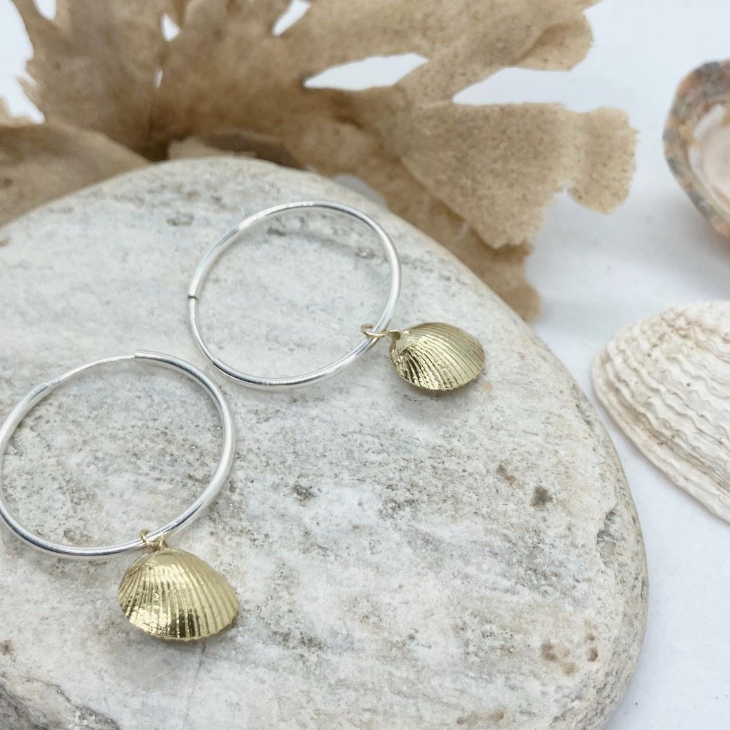 Tiny Gold Cockle Shells on Silver Hoops