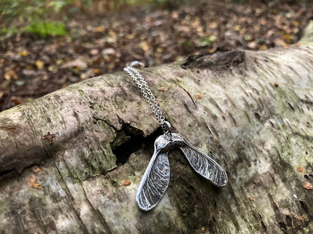Silver Oxidised Matt Maple Seed Necklace